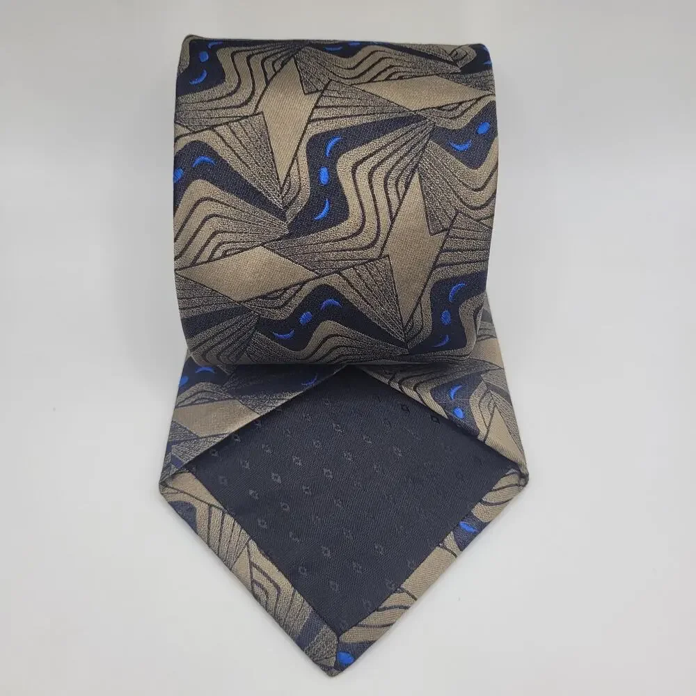 Vintage Courreges‎ Homme Tie Beige Blue Geometric Silk Designer Necktie Abstract